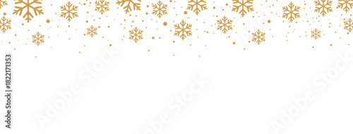 Elegant Christmas or winter banner featuring a seamless falling pattern of golden/bronze snowflakes and dots along the top edge. The design is isolated on a white background, offering significant copy