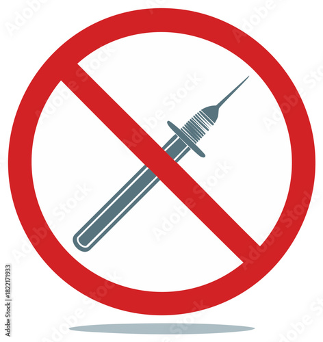 No Injection Sign with Syringe Silhouette. Prohibition Symbol with Medical Instrument