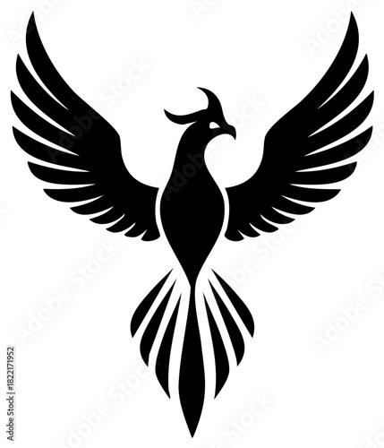 Stylized Black Silhouette of a Mythical Phoenix Bird Rising with Spread Wings