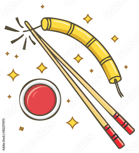 Cartoon chopsticks holding a yellow food roll above a red dipping sauce bowl with sparkle accents