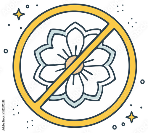Allergy free and pollen free icon with forbidden flower symbol, a hand drawn vector illustration