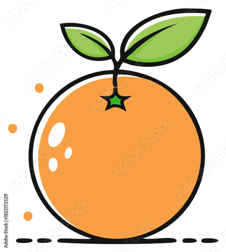 Stylized Orange Fruit Graphic with Green Leaves, Star, and Dotted Details in Illustration