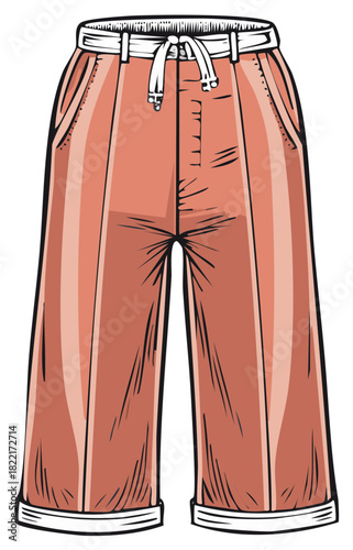 Fashion illustration of casual wide leg trousers with a drawstring waist and rolled cuffs