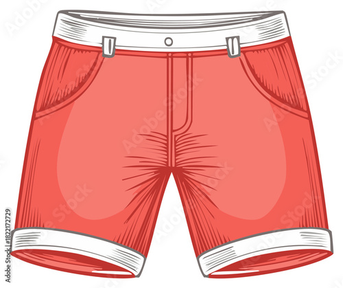 Summer fashion illustration of red shorts with pockets for a casual, vintage look.