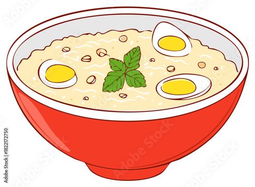 Bowl of creamy soup with boiled eggs and basil, appetizing cartoon illustration.