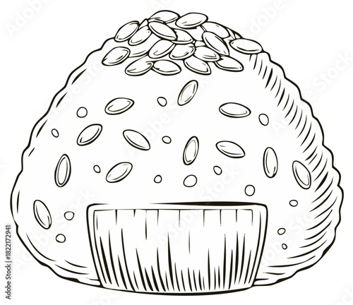 Traditional Japanese Onigiri rice ball outline illustration with nori seaweed and sesame
