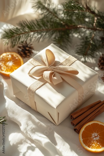 Gift Wrapped in White Paper With Cream Bow Surrounded by Oranges and Pinecone...