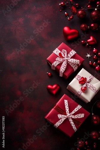 Festive Red and Brown Gift Boxes With Hearts on a Dark Background for Celebra...