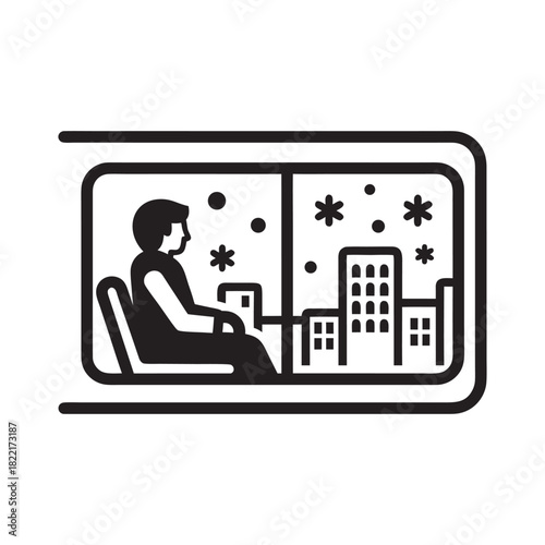 Man sitting by window watching winter city snowfall black and white vector illustration