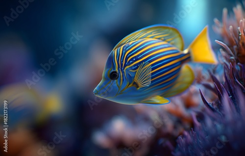 Vibrant Blue and Yellow Fish Swimming Among Colorful Coral Reef at Tropical L...