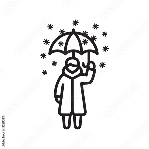 Winter person with umbrella in snowfall black and white vector illustration