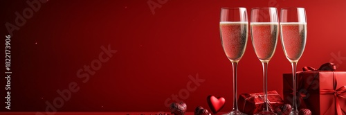 Champagne Glasses With Gifts and Hearts Create Festive Atmosphere for Celebra...