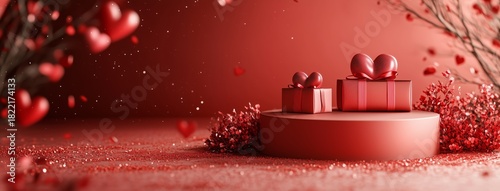 Beautiful Red Themed Display of Gifts and Hearts for Celebration or Special O...