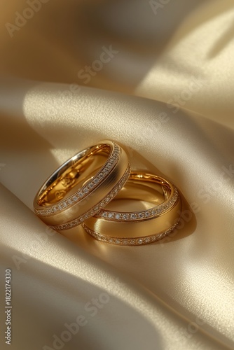 Elegant Gold Wedding Rings With Sparkling Diamonds on Soft Fabric