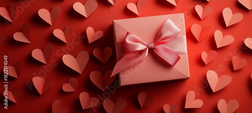 Gift Box Wrapped With Ribbon Inside a Heart-Shaped Cutout on a Pink Background