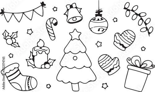 Outlined Christmas tree surrounded by star shapes, ornament, mittens, gift box, and stocking is transparent