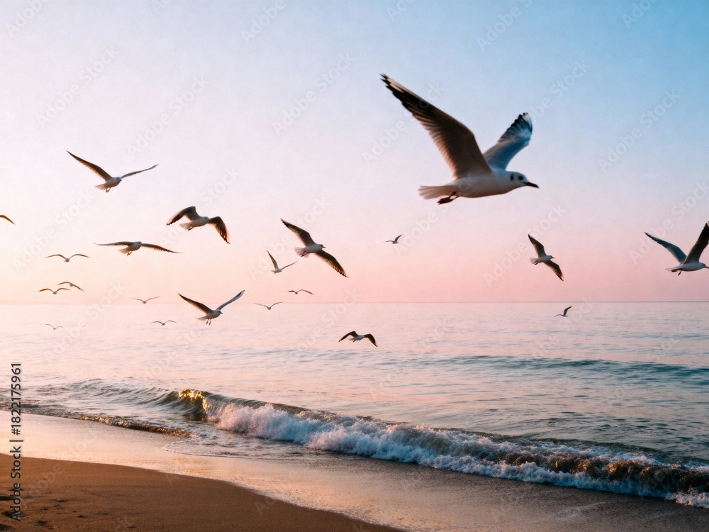 Naklejka premium peaceful evening at seaside with birds gliding over water and colorful twilight sky