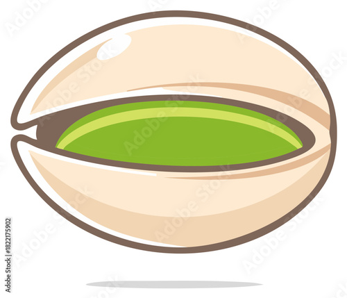 Cartoon-style illustration of a pistachio nut, showing green kernel and cracked shell.