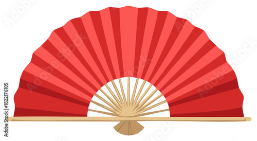 Red Oriental Folding Fan with Wooden Frame for Cooling and Decoration with Striped Fabric