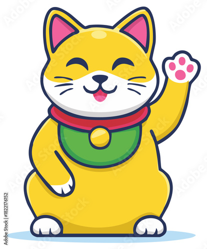Waving Maneki Neko Lucky Cat Cartoon Mascot Bringing Good Fortune and Wealth