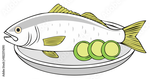 Whole cooked fish with lime slices on a plate cartoon illustration