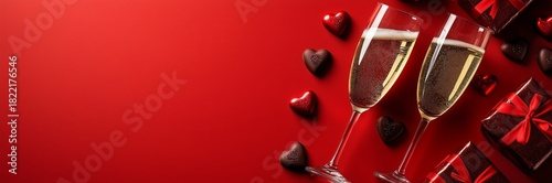 Champagne Glasses With Gifts and Hearts Create Festive Atmosphere for Celebra...