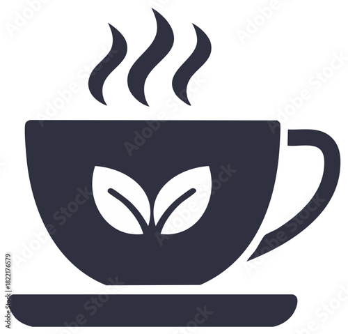Steaming Herbal Tea Cup with Leaves Symbol Icon, Hot Drink, Silhouette, Vector