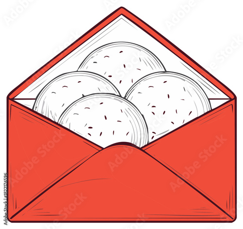 Red envelope filled with circle cookies vector design for sending love and sharing treats