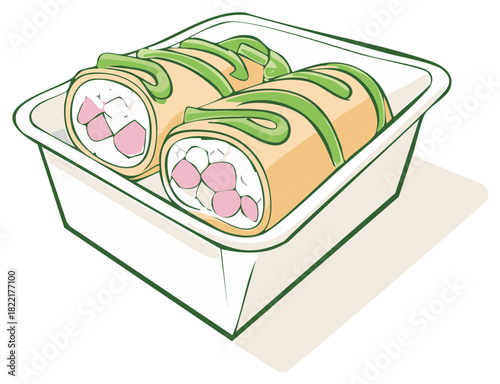 Appetizing illustrated sushi-style rolls with vibrant green sauce and pink filling in a takeaway container.