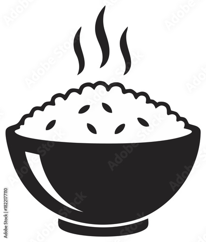Black silhouette icon of a steaming bowl of hot cooked white rice grains food