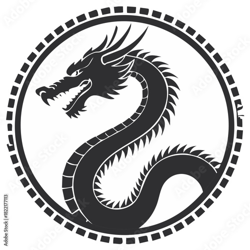 Black oriental dragon graphic within a decorative circular frame a powerful mythical creature emblem