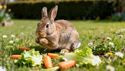close-up of fluffy rabbit nibbling food surrounded by wildflowers and greenery