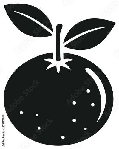 Black and white illustration of an orange fruit with leaves