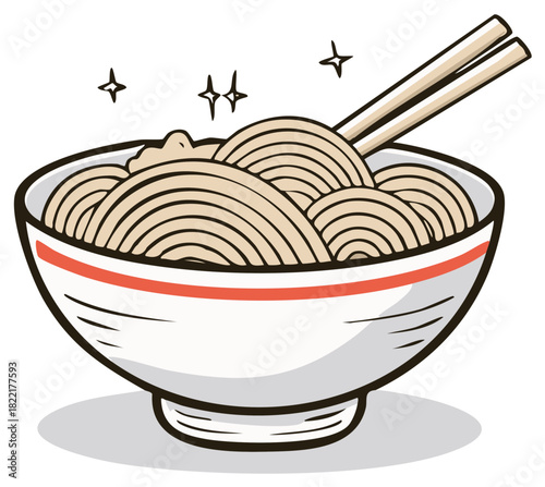 Cartoon illustration of a bowl of noodles with chopsticks