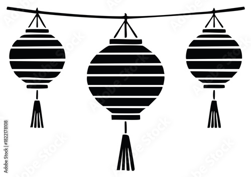 Traditional Asian Paper Lanterns Garland Black and White Silhouette for Festival Celebration