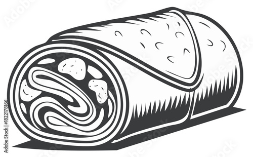 Outline Illustration of a Burrito with Visible Filling and Wrap Design