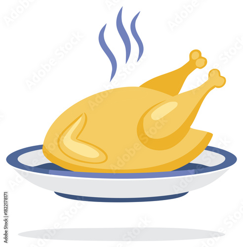 Hot steaming roasted chicken or turkey dinner served on a platter vector illustration