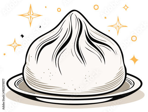 Hand-drawn dumpling sketch with gold stars on plate
