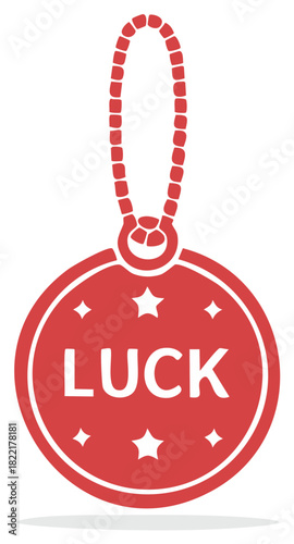 Red good luck charm medallion with the word luck and stars flat vector icon