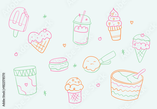 Doodles coloridos de postres helados