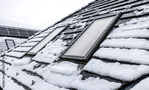 Rooftop with dormer and solar panels covered by snow