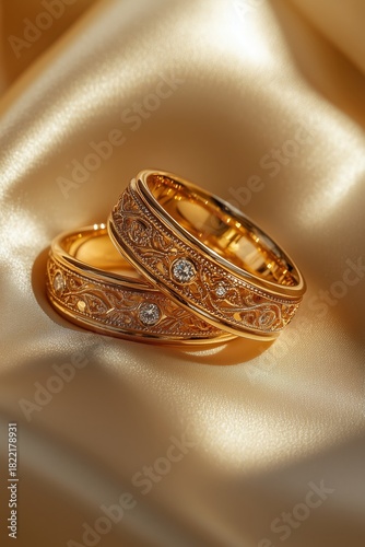 Elegant Golden Wedding Rings Decorated With Diamonds on Soft Satin Fabric