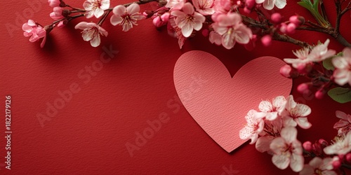 Flowers and Heart Shape on Red Background for Spring Celebrations
