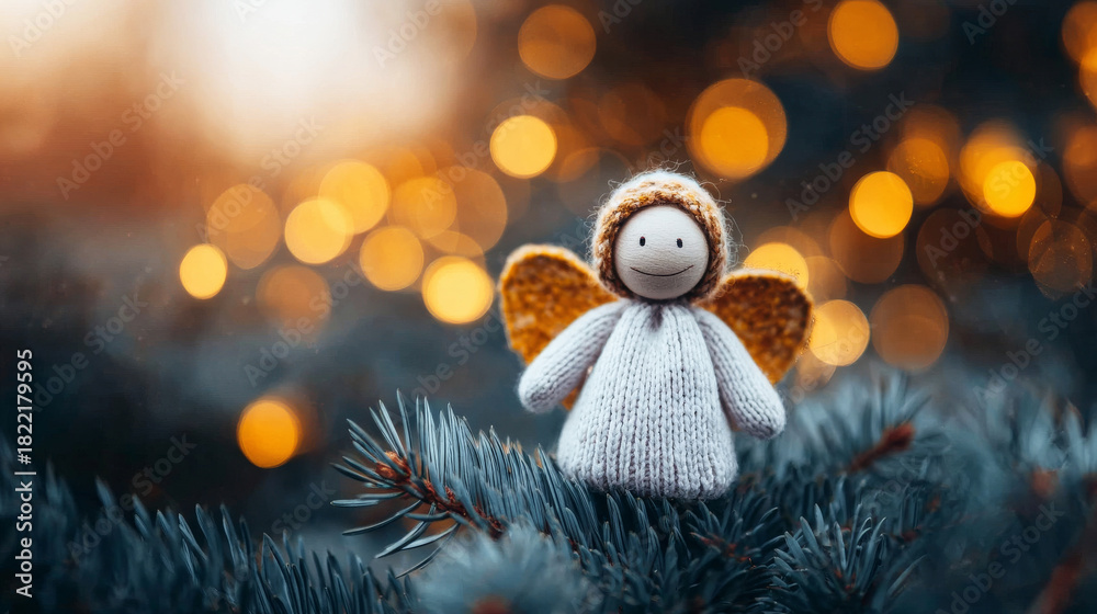 Obraz premium Handmade wool angel figurine on a Christmas tree branch. Cozy winter holiday tradition with a soft, glowing background