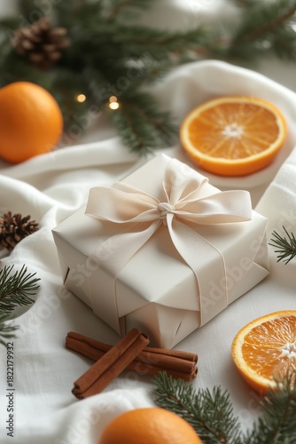 Gift Box Surrounded by Oranges and Pine on a Cozy Cloth During the Festive Se...