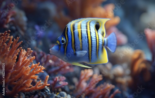 Colorful Butterfly Fish Swimming Near Vibrant Coral Reef in Clear Ocean Water