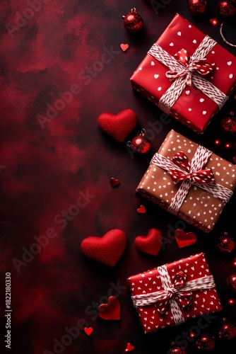 Festive Red and Brown Gift Boxes With Hearts on a Dark Background for Celebra...