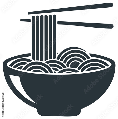 Chopsticks lifting noodles from a bowl simple graphic icon for Asian food restaurant logo
