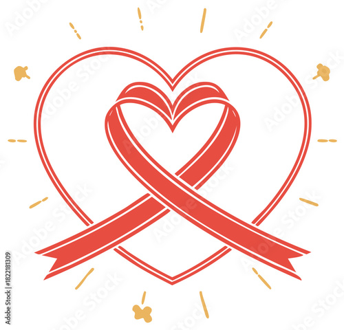 Red ribbon intertwined with heart shape symbolizing love and awareness with celebratory rays