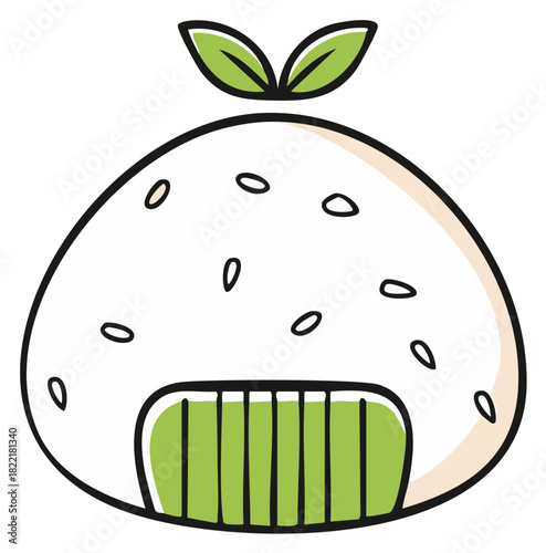 Stylized Japanese Onigiri Rice Ball Doodle with Green Nori Seaweed and Fresh Leaves